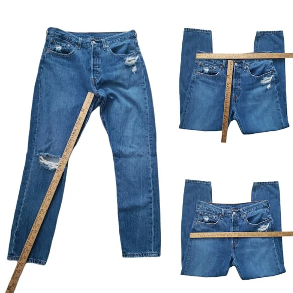 Levi's 501 Skinny Premium Jeans Big "E" Denim Blue Wash Distressed Size 30 hi Ri - Picture 5 of 16